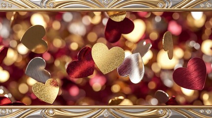 luxury gold and red hearts confetti background, romantic valentine day banner, metallic 3d love shapes, ornate border frame, elegant wedding celebration wallpaper, falling glitter hearts, holiday.