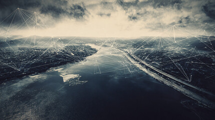 large scale infrastructure scene with abstract overlay of connecting lines, realistic environment, symbolic data and system connectivity