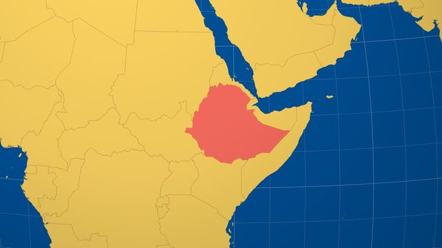Ethiopia on Globe. Animated zoom into the country in Ocean Blue Golden Yellow color palette. Ethiopia logo animation. Map with meridians, parallels. Awesome video.