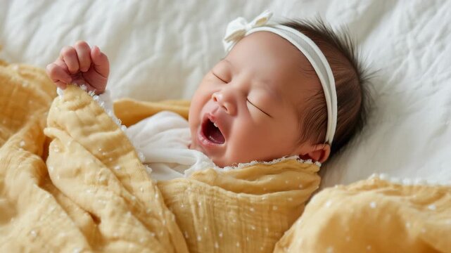 黄色い布の赤ちゃんが大きく泣いている表情の瞬間