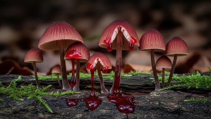 Captivating macro close-up of mysterious bleeding mycena mushrooms, showcasing vivid deep red liquid dripping onto a mossy log in a dark, natural forest environment with soft light.