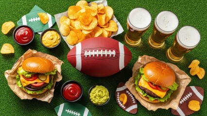 American football game day spread with burgers chips dips and beer perfect for sports viewing parties and tailgating