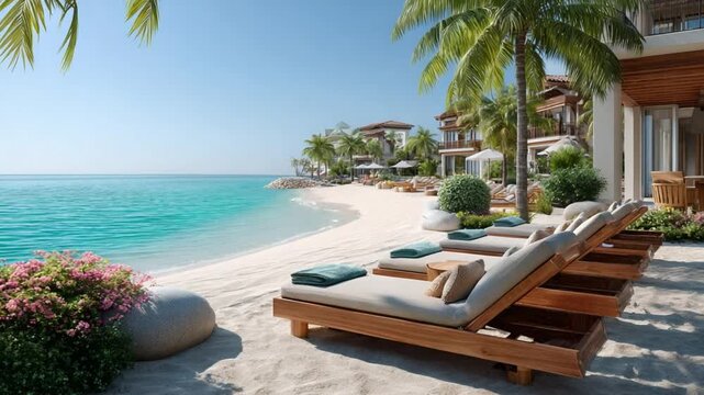 Paradise Beach Scene: Serene view of a tropical beach with inviting loungers. turquoise water. Relaxing under palm trees, sun-kissed sand, vacation escape.