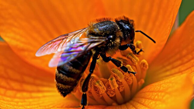 Abstract extreme close up focusing on the intricate textures and geometric patterns of a solitary bee crawling deep within a vibrant orange bloom bloom, bee, close