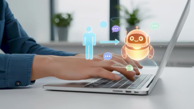 Person typing on laptop with holographic AI chatbot icon and speech bubbles, visualizing virtual customer service assistant, automated online support, and digital communication technology concept.