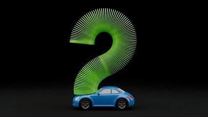 3d green car on a black background with a glowing question mark icon representing a web search for a business solution or faq help concept