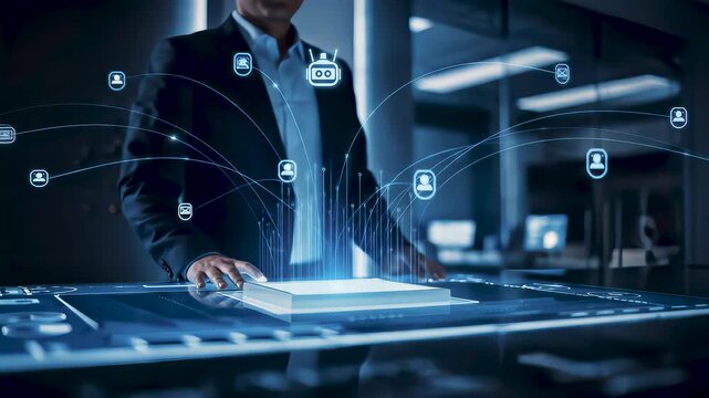 Businessman touching with AI virtual assistant interface, symbolizing automated client service, smart chatbot technology, digital communication, customer support, and futuristic business automation.