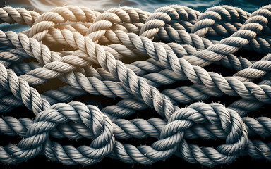 Fototapeta premium Detailed close up showcases a multitude of intertwined and knotted nautical ropes creating a textured pattern with a maritime feel suitable for backgrounds and design