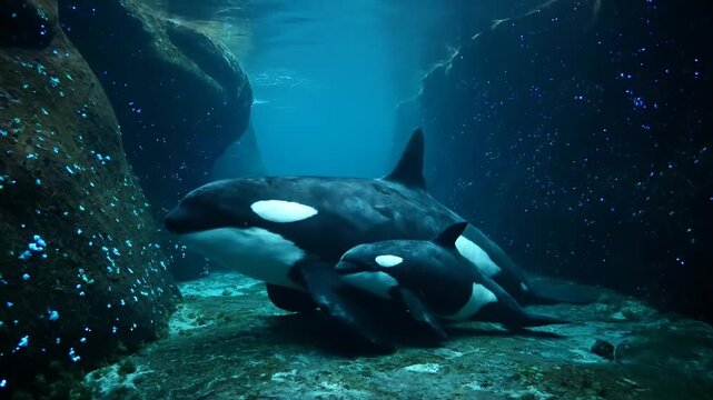 Orca whale mother and calf underwater in ocean habitat together.