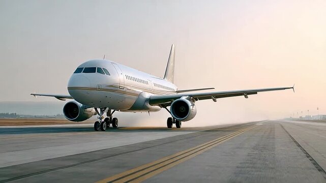 Soaring Journey: An aircraft stands ready, its sleek form poised for takeoff on a vast runway, inviting the viewer into the realm of travel and aviation.