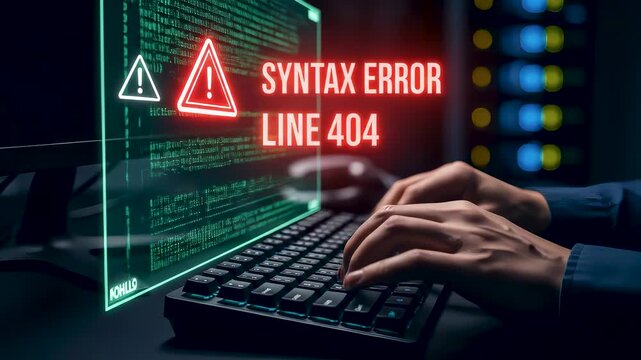 Programmer typing on keyboard debugging syntax error on monitor, visualizing software code failure, system bug troubleshooting, and digital programming technology line 404 alert concept.