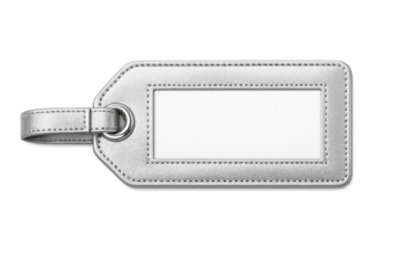Silver luggage tag with blank transparent window, personalizing travel identification and baggage security, ready for text