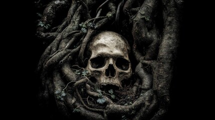 Twisted Roots and a Skull Emerge from the Darkness of a Gothic Forest Setting