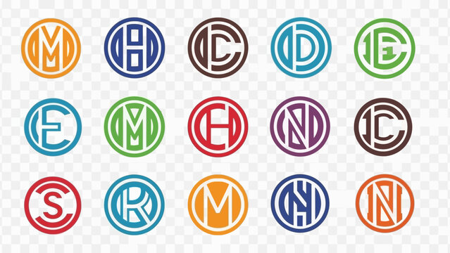 A grid of fifteen colorful circular monogram logos with various letters on a transparent background, suitable for branding.