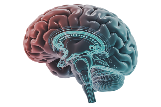 Futuristic Cybernetic Brain, Biology Meets Technology on Transparent Background - Powered by Adobe