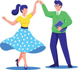 Happy young couple dancing together in retro style with woman in polka dot skirt and man holding book © Romana