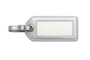 Silver luggage tag with blank white label for travel, vacation, or business trip identification on a transparent background