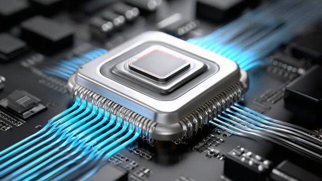 High-Tech Circuit Board Close-Up: An advanced circuit board, with its intricate details and a central processing unit (CPU), shines as a symbol of technological innovation and cutting-edge design.