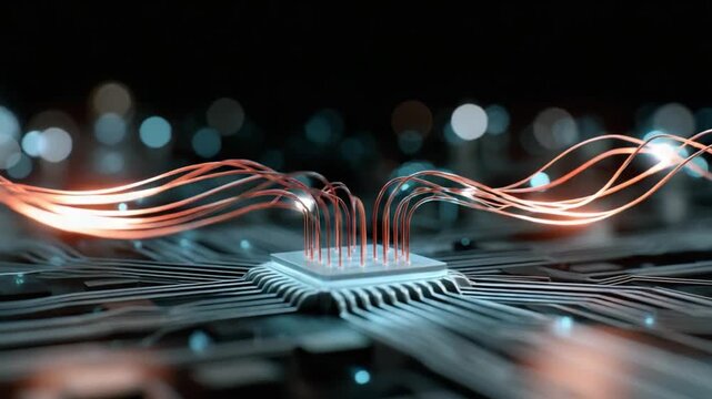 Futuristic Processor: An intimate close-up showcases a central processing unit (CPU) with glowing pathways. This image embodies the essence of modern processing technology.