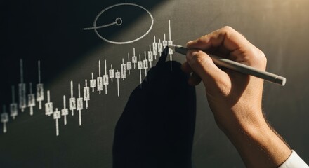 Hand Drawing Financial Chart on Blackboard with White Chalk in Modern Classroom