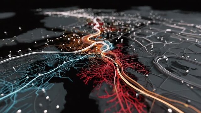 Digital Flow: An abstract rendering of interconnected networks, visualized with glowing lines and points across a dark, textured plane. This image embodies complexity, data streams.