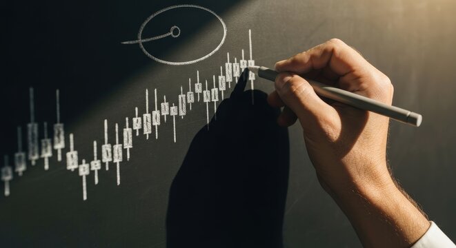 Hand Drawing Financial Chart on Blackboard with White Chalk in Modern Classroom - Powered by Adobe
