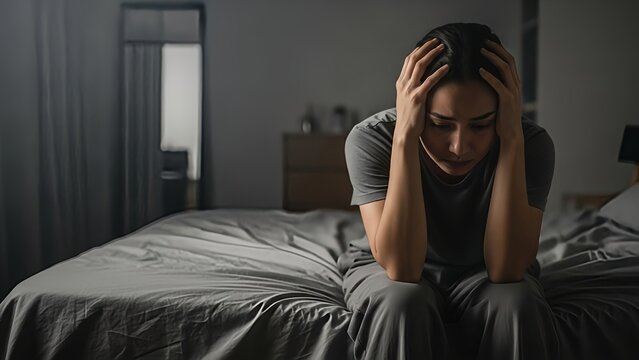 a woman sits on the edge of a bed head in hands conveying feelings of stress sadness and potential mental anguish in a dimly