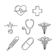 Black and white medical including heart rate monitor, cross, stethoscope, thermometer, and caduceus
