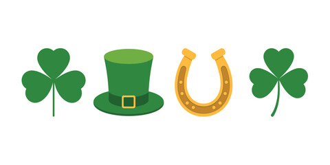 st patricks day icons with clover hat and horseshoe, vector illustration