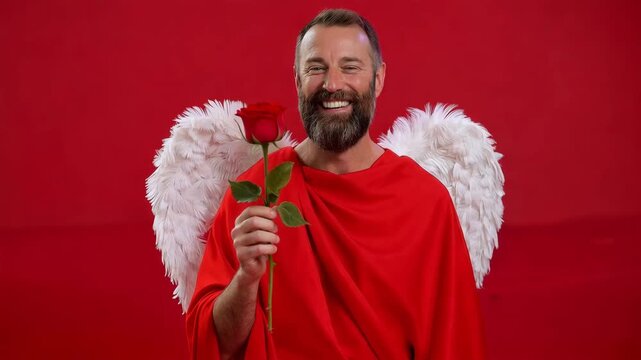 A smiling bearded man in a cupid costume holds a red rose. Funny angel with white wings on a red background. Valentine's Day love and romance concept