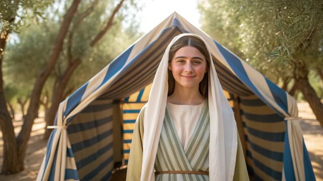 Portrait of a smiling young biblical woman in historical clothing. An ancient Israelite standing in front of a traditional tent. Old Testament history and faith concept