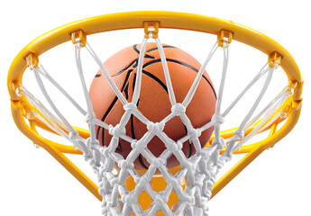 Basketball going through yellow basketball hoop net on transparent background
