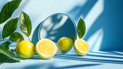 Yuzu Citrus and Circular Mirror Against Blue Sky
