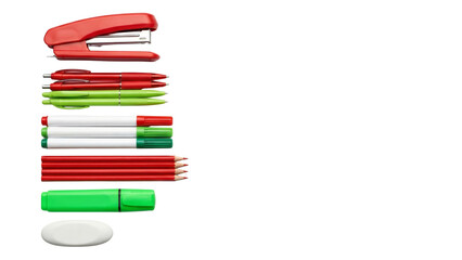 Red and Green Office Supplies Stacked Isolated on White Background