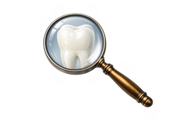 Magnifying glass inspecting tooth, symbolizing dental health, oral care, dentistry, diagnosis, and hygiene checkup
