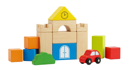 Wooden Building Blocks Castle with Toy Car and Bush on White Background