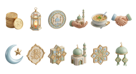 Islamic Ramadan Icons Set: Mosque, Lantern, Moon, Star, Food, Handshake