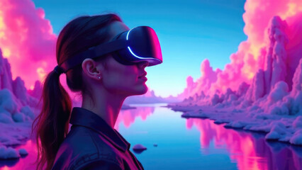 European woman wearing VR glasses immersed in virtual magical world. Digital fantasy environment, technology creating imaginary realms