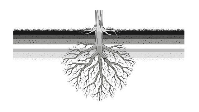 Tree roots system in underground soil layers diagram.