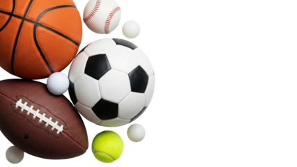 Assorted Sports Balls Collage: Basketball, Soccer, Football, Baseball, Tennis, Golf - White Background