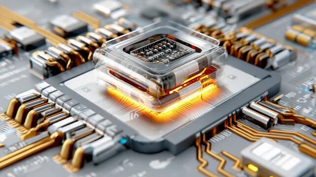 Detailed Processor: The intricate heart of modern technology shines with precision, showcasing the complex architecture of a central processing unit, symbolizing the power of innovation.