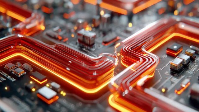 Circuit Board Closeup: An intricate network of electrical pathways and microchips glows with vibrant energy, highlighting the complex technology within. 