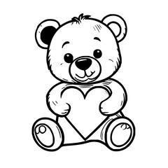 Obraz premium Adorable Teddy Bear Line Art Holding a Sweet Heart, Perfect for Valentine's Day or Children's Coloring Books, Simple Vector Illustration on White Background