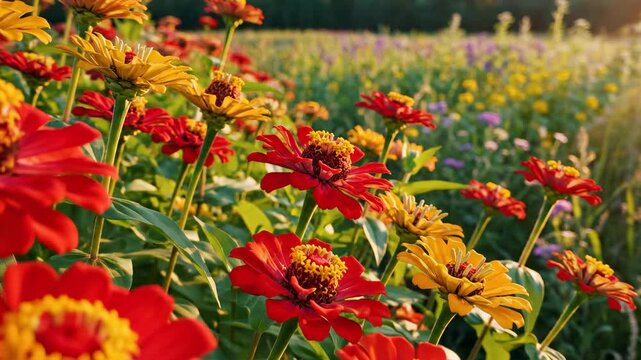 A cinematic dolly shot gliding smoothly past a dense cluster of brilliant red and golden yellow zinnias swaying gently in a natural prairie meadow seasonal, peaceful, vibrancy