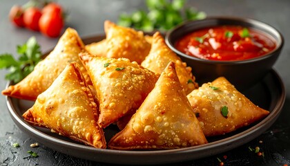 Delicious Samosas with Spicy Dipping Sauce on a Dark Plate.