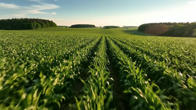 Green cornfield landscape with sunlit sky rural scenery in nature footage