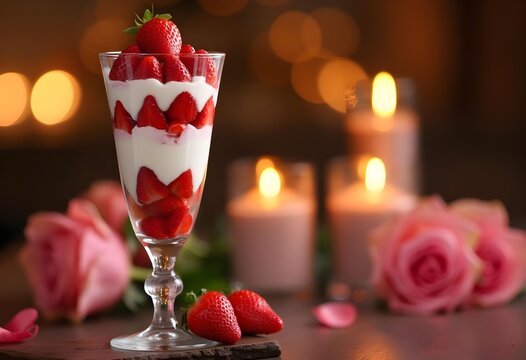 Romantic strawberry and cream parfait dessert with candlelight.