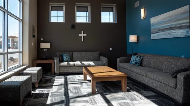 Scene highlighting innovative window arrangements in a lobby directing sunlight deeper into the room and reducing the need for artificial lighting during daytime hours.