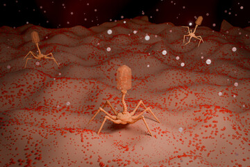 3D Rendering of Bacteriophage Virus on Bacterial Cell