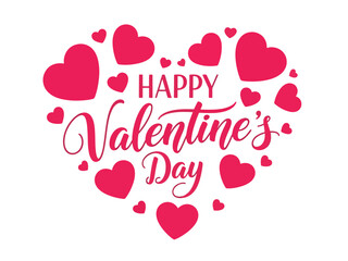 Happy Valentine’s Day script lettering inside a heart frame with pink hearts, romantic vector illustration ideal for greeting cards, social media posts, invitations, and love promotions